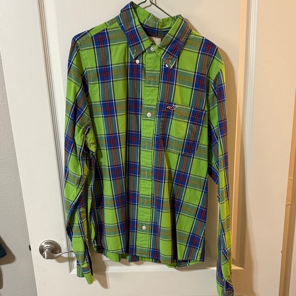 Hollister Vibrant Green and Blue Plaid Shirt
